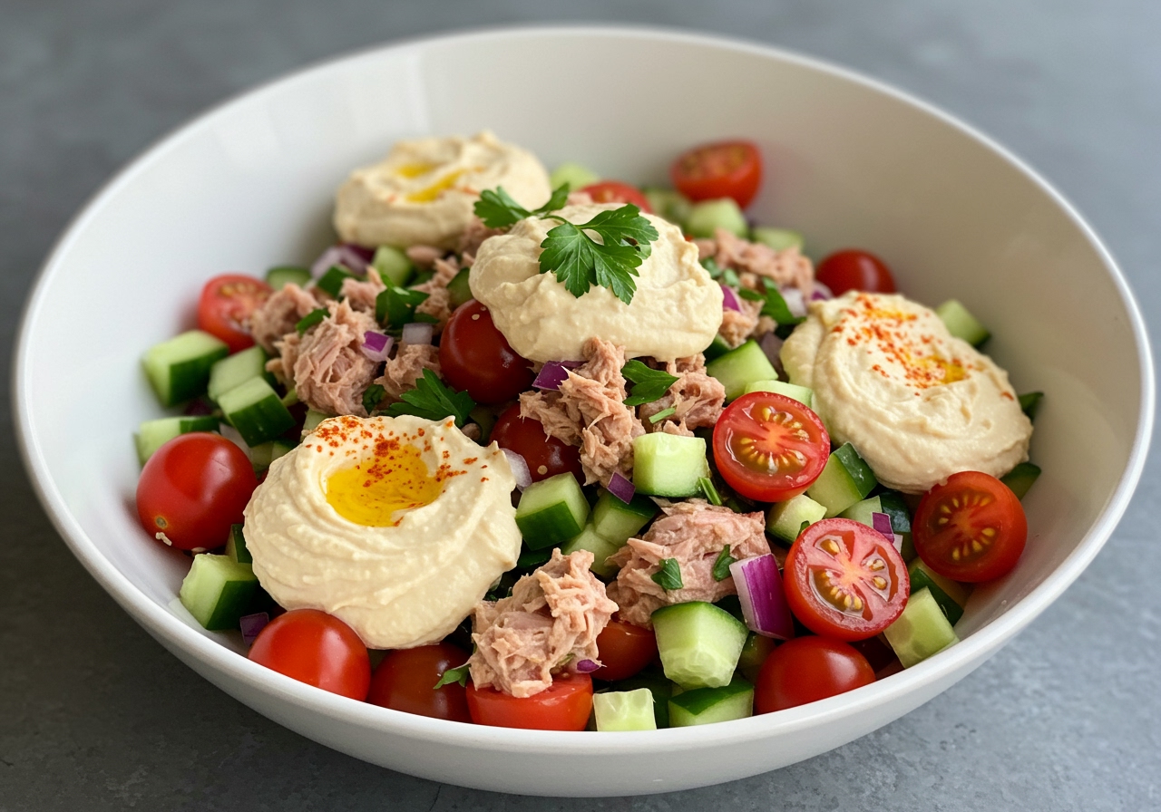 A vibrant, colorful bowl of spicy tuna and hummus salad, with fresh vegetables like cherry tomatoes, cucumber, red onion, and parsley. The tuna is mixed with a spicy dressing, and dollops of creamy hummus are visible. Natural light, inviting presentation.