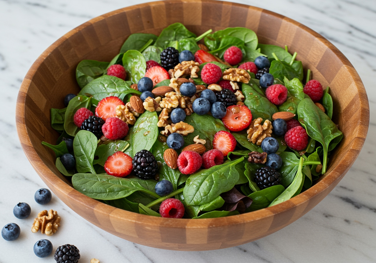 A vibrant, colorful Claremont salad in a large bowl, featuring mixed greens, berries, nuts, and a light dressing drizzled over the top.