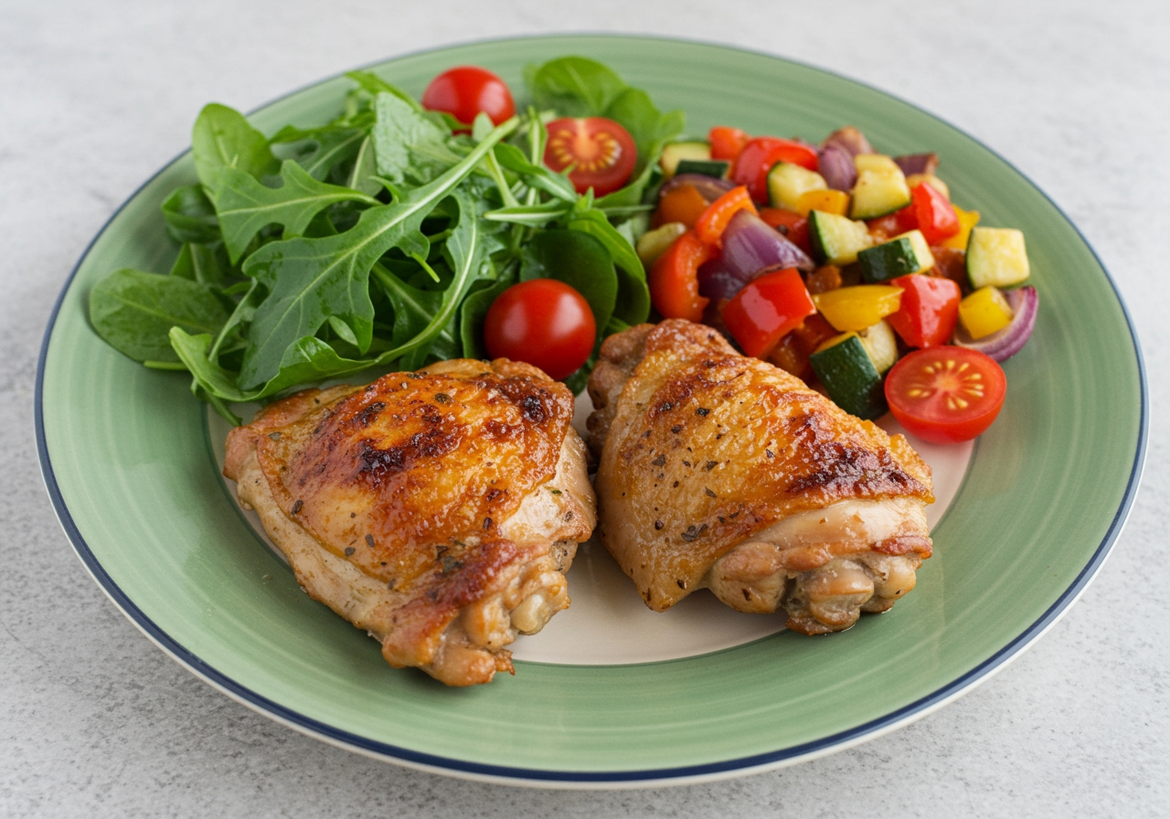 A vibrant, colorful dinner plate featuring a serving of baked Italian chicken thigh, alongside a fresh green salad with cherry tomatoes and a side of roasted mixed vegetables like bell peppers, zucchini, and red onion. The meal looks balanced and appealing.