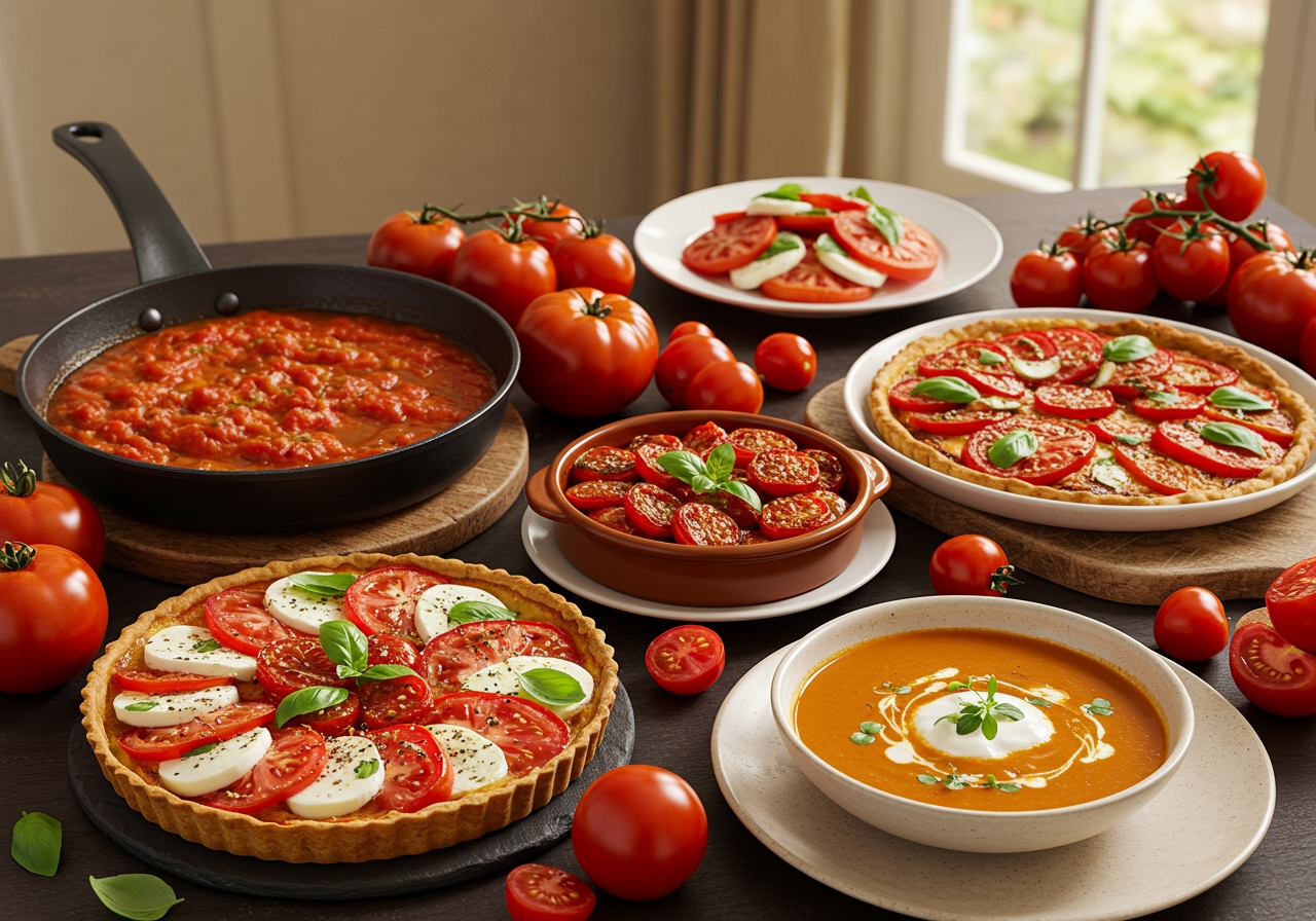A vibrant, colorful display of various tomato dishes, showcasing the versatility of fresh and preserved tomatoes.