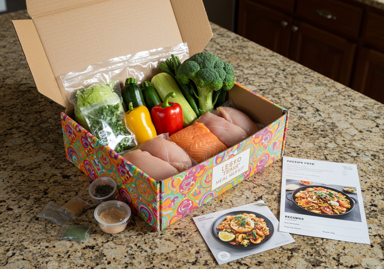 A vibrant, colorful meal kit box open on a kitchen counter, showing neatly packed fresh ingredients and a recipe card for a delicious, healthy dish.
