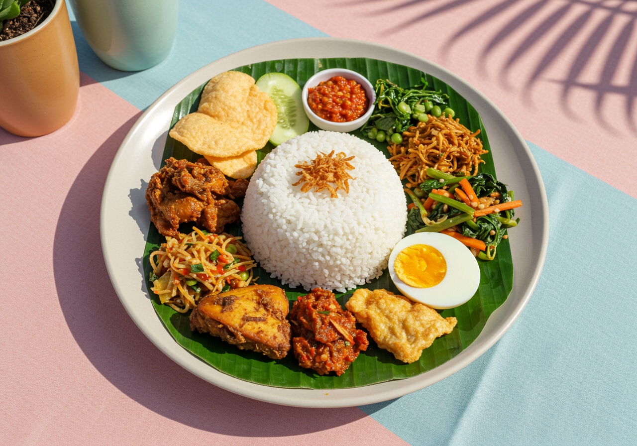 A vibrant, colorful plate of Indonesian Nasi Campur with rice in the center surrounded by various side dishes like chicken, vegetables, egg, and sambal, set against a bright, summery background.