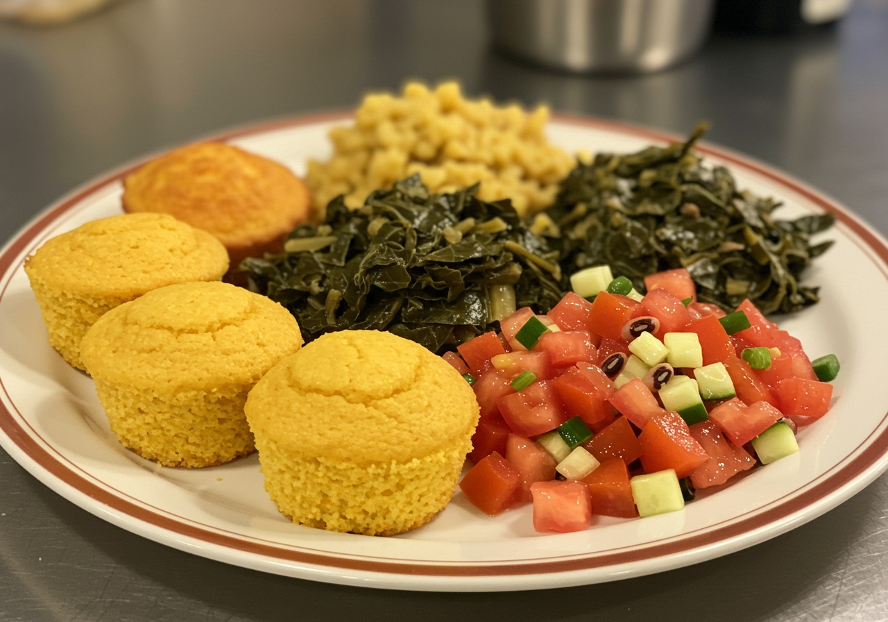 A vibrant, colorful platter showcasing various side dishes that perfectly complement Chef Mo's black-eyed peas, such as cornbread muffins, collard greens, and a fresh tomato salad.
