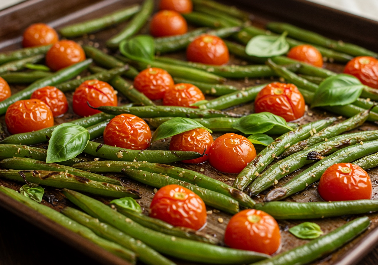 A vibrant, colorful sheet pan dinner featuring roasted green beans, cherry tomatoes, and fresh basil, with a golden-brown crisp finish, ready to serve.