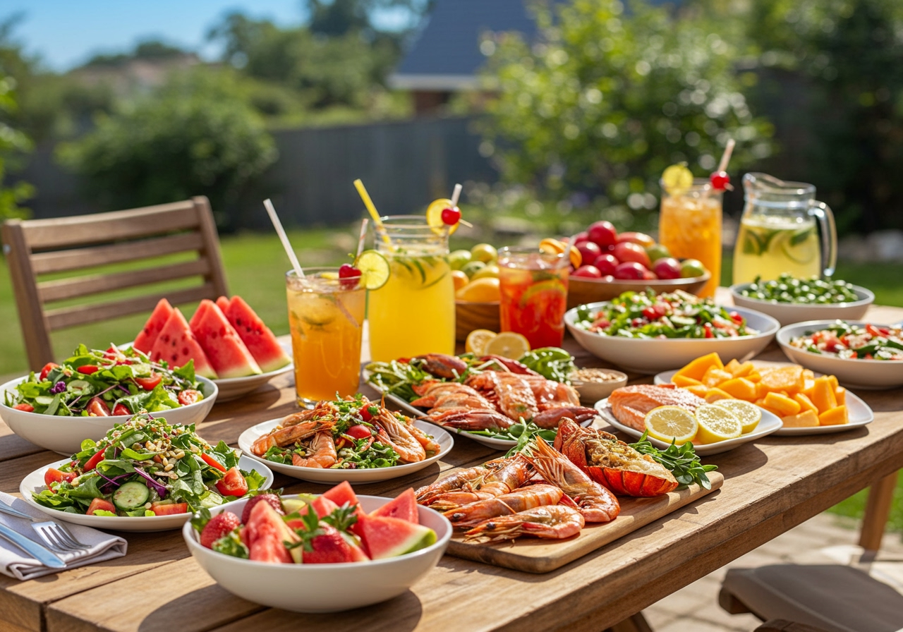 A vibrant, colorful summer party spread on an outdoor table, featuring fresh salads, grilled seafood, fruit platters, and refreshing drinks, bathed in warm sunlight.