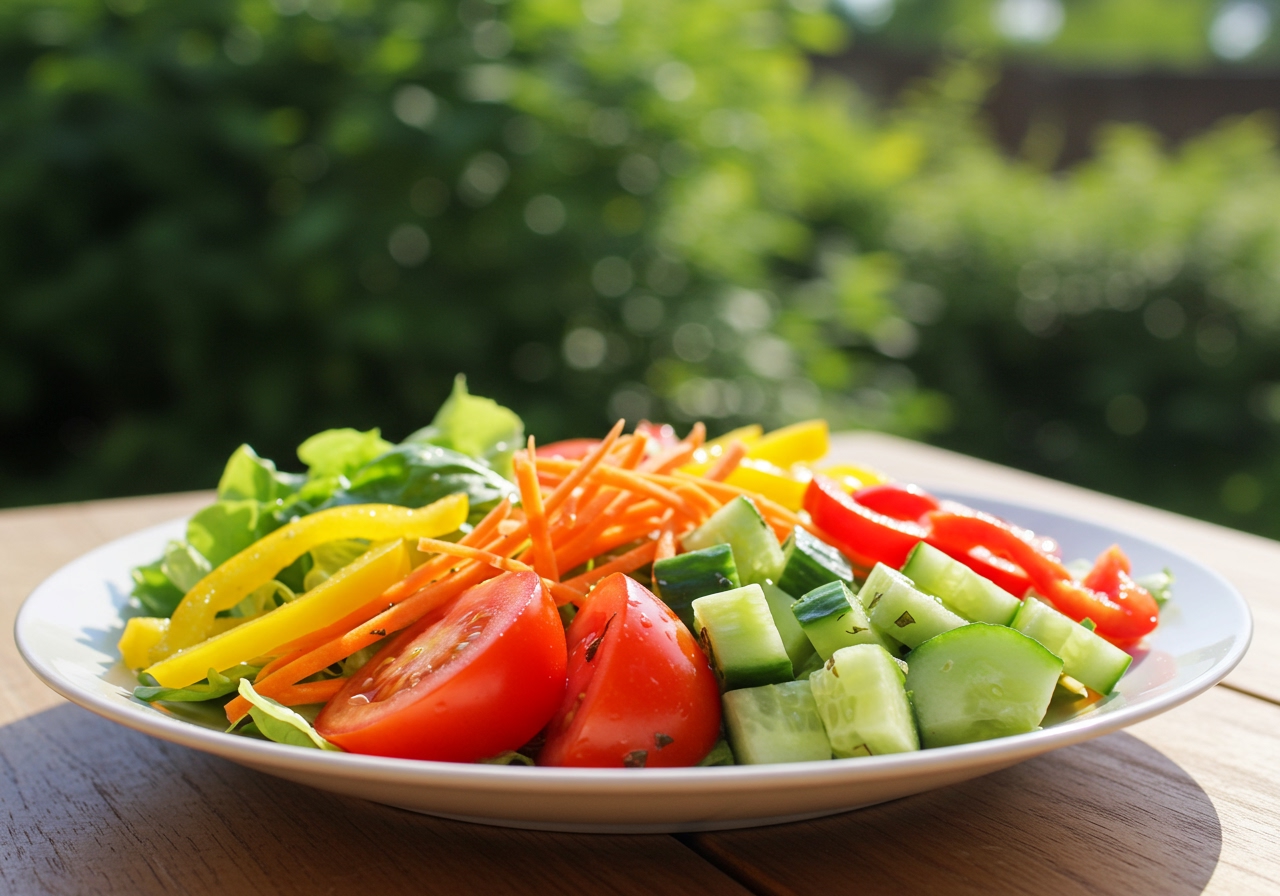 A vibrant, colourful salad with various vegetables and a light dressing, perfect for a hot summer day.