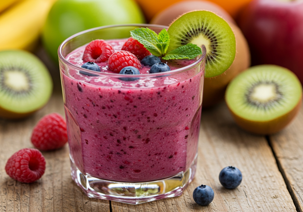 A vibrant, creamy superfruit smoothie in a glass with colorful berries, a slice of kiwi, and a mint leaf garnish, set on a rustic wooden table with fresh fruits in the background, in bright, natural light.
