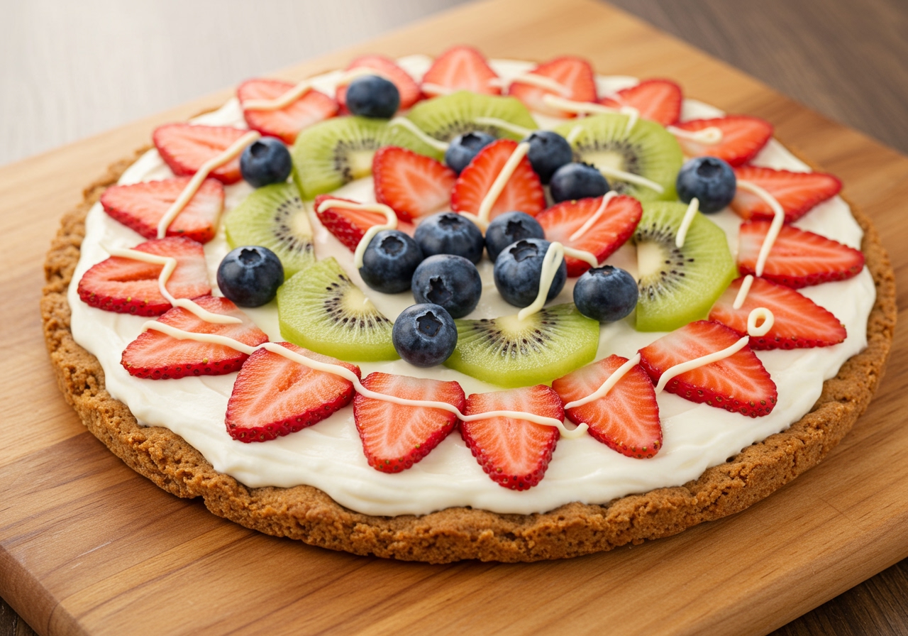 A vibrant dessert pizza with a cookie crust, topped with cream cheese frosting, sliced strawberries, blueberries, kiwi, and a drizzle of white chocolate, presented on a wooden cutting board.
