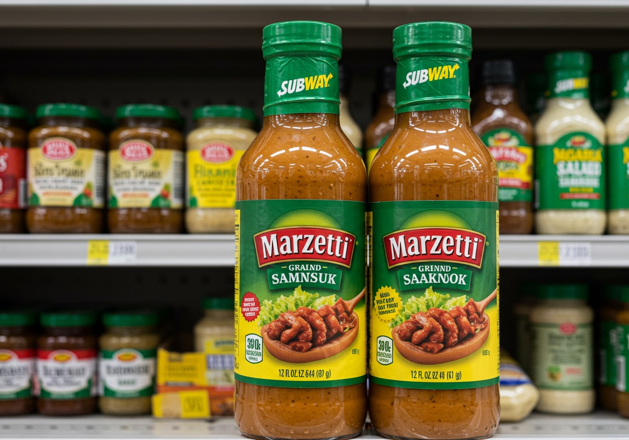 A vibrant, eye-level shot of a bottle of Subway's Marzetti sauce prominently displayed on a brightly lit supermarket shelf, surrounded by other salad dressings and condiments. The label should be clear and inviting.