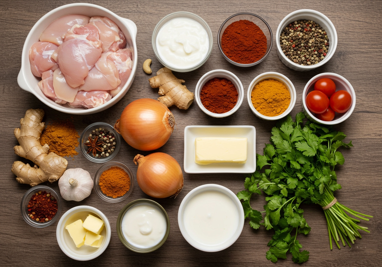 A vibrant flat lay image showing all the ingredients for authentic Indian Butter Chicken: chicken pieces, yogurt, various colorful spices in small bowls, canned tomatoes, onions, ginger, garlic, cashews, butter, cream, and fresh cilantro. The background is a rustic wooden table.