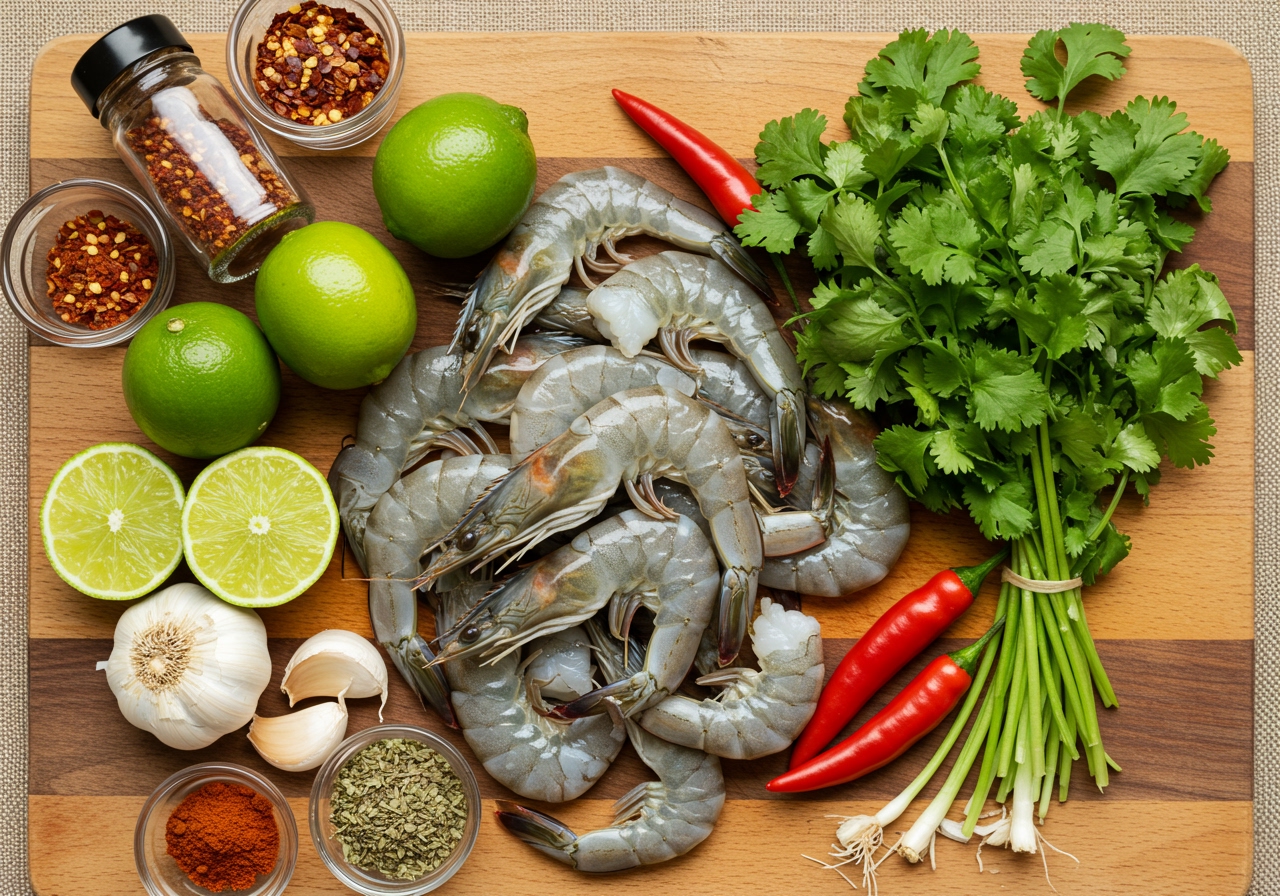 A vibrant flat lay of all the fresh ingredients for spicy chili lime shrimp, including raw shrimp, limes, chili peppers, garlic, cilantro, and spices.