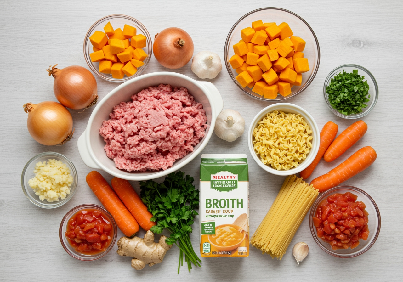 A vibrant flat lay of all the ingredients for healthy turkey pumpkin noodle soup: turkey mince, chopped pumpkin, onion, carrot, garlic, ginger, broth carton, diced tomatoes, herbs, and dried noodles.