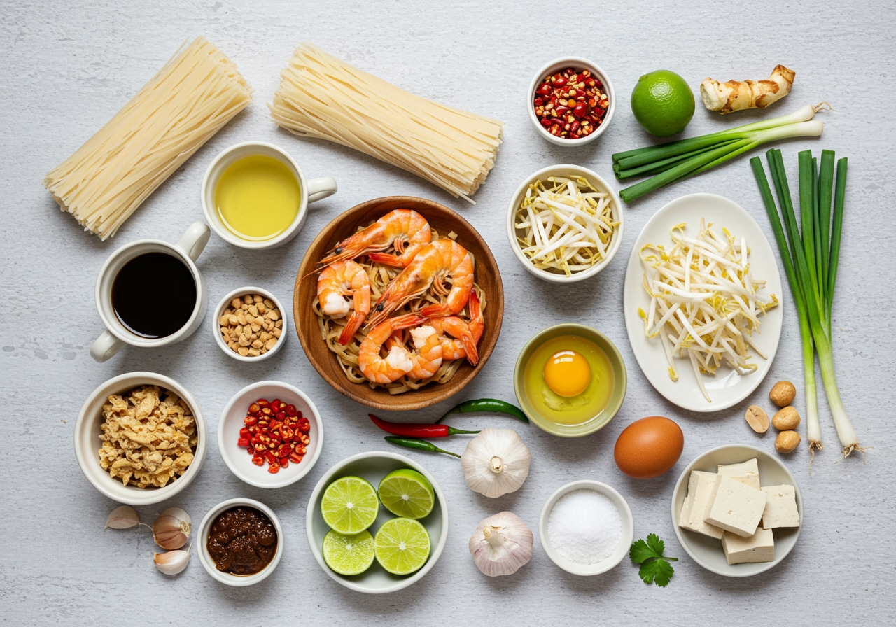A vibrant flat lay of all the ingredients needed for homemade Pad Thai, including rice noodles, shrimp, chicken, tofu, bean sprouts, chives, dried shrimp, firm tofu, egg, garlic, chilies, peanuts, lime, cilantro, and the key sauce ingredients like tamarind paste, fish sauce, palm sugar, vinegar.