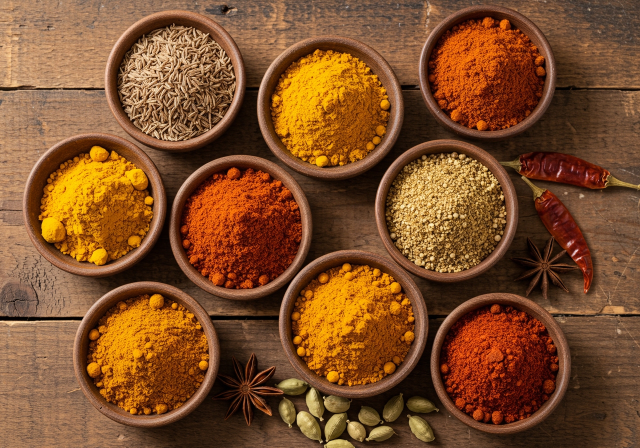 A vibrant flat lay of common Indian spices like turmeric, cumin, coriander, garam masala, and chili powder, arranged attractively on a wooden background, suitable for a beginner's guide.