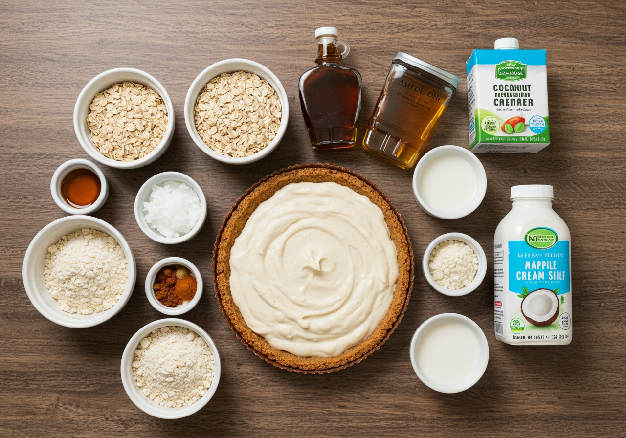 A vibrant flat lay of healthy oatmeal cream pie ingredients: rolled oats, maple syrup, coconut oil, almond flour, spices, and plant-based milk, neatly arranged on a rustic wooden table.