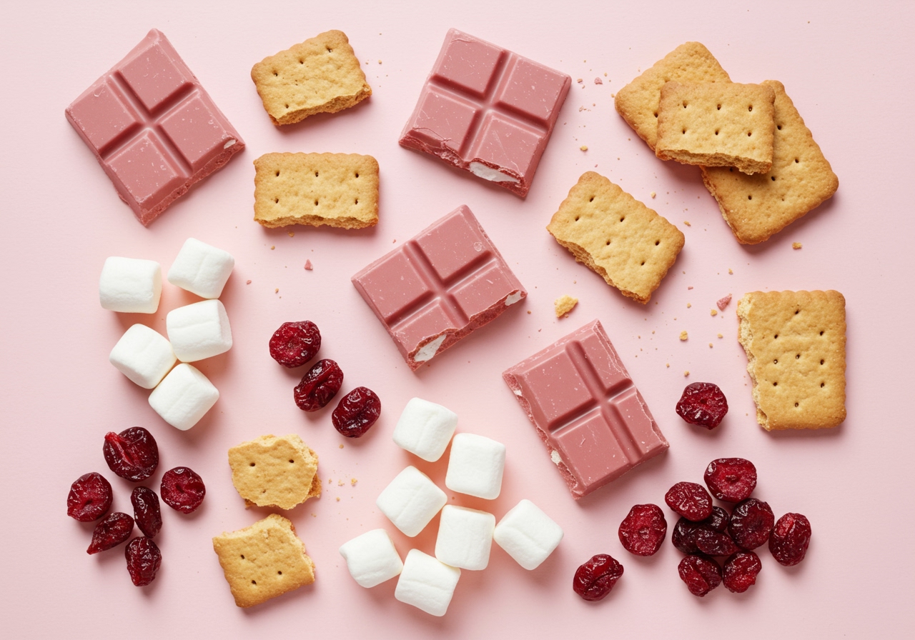 A vibrant flat lay of ingredients for ruby chocolate rocky road: pink ruby chocolate callets, mini marshmallows, broken biscuits, and dried cranberries on a pastel background.
