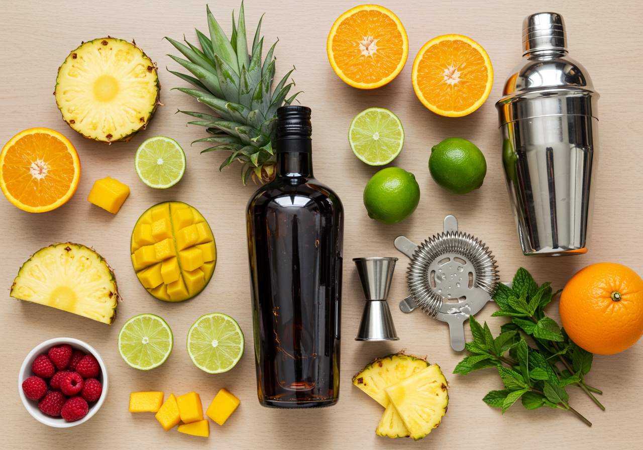 A vibrant flat lay of tropical cocktail ingredients: fresh pineapple, limes, oranges, a bottle of rum, a shaker, a jigger, and colourful fruit garnishes on a light wooden background.