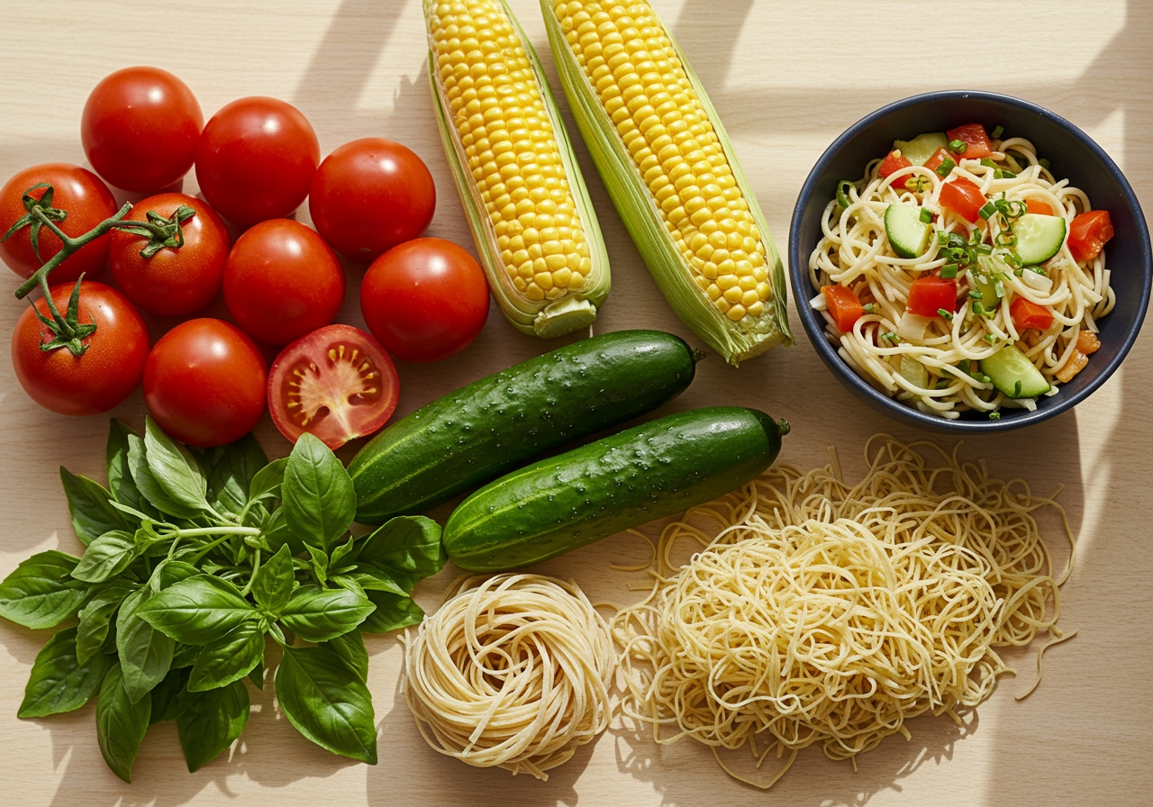 A vibrant flat lay of various summer ingredients like tomatoes, cucumbers, basil, corn, and cold noodles, suggesting refreshing summer meals.