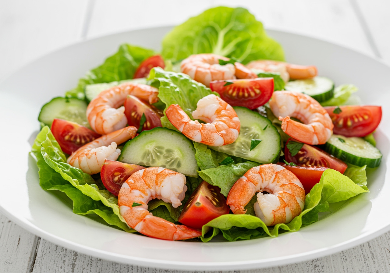A vibrant, fresh basic cold shrimp salad with lettuce, cucumber, tomatoes, and cooked shrimp, with a simple vinaigrette.