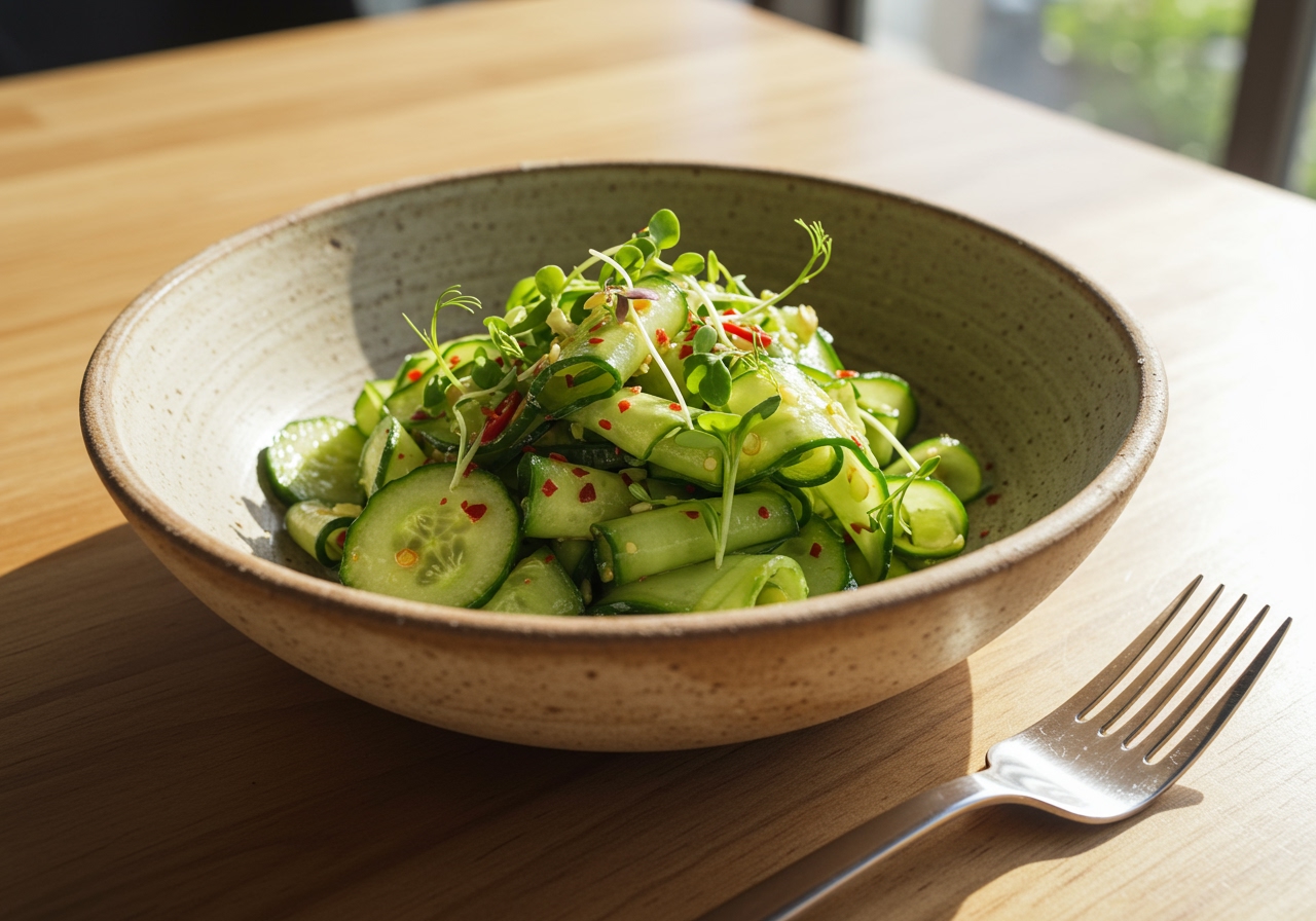 A vibrant, fresh cucumber salad served in a beautiful ceramic bowl on a wooden table, with a fork ready to be picked up. The lighting is bright and inviting.