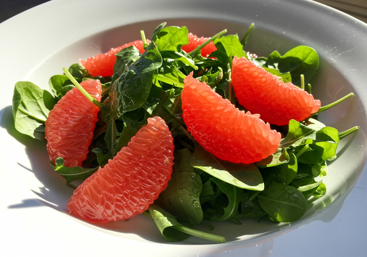 A vibrant, fresh grapefruit salad in a white bowl, showing segmented grapefruit, leafy greens, and a light vinaigrette. Sunlight highlights the ingredients.