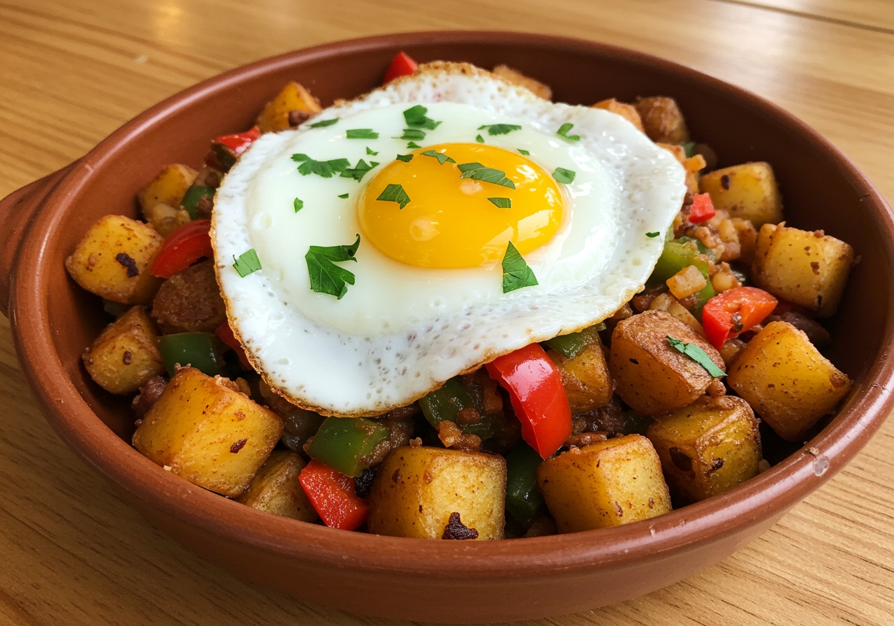 A vibrant, freshly cooked bowl of Kelly's Hot Hash, garnished with fresh herbs and a perfectly cooked fried egg on top.