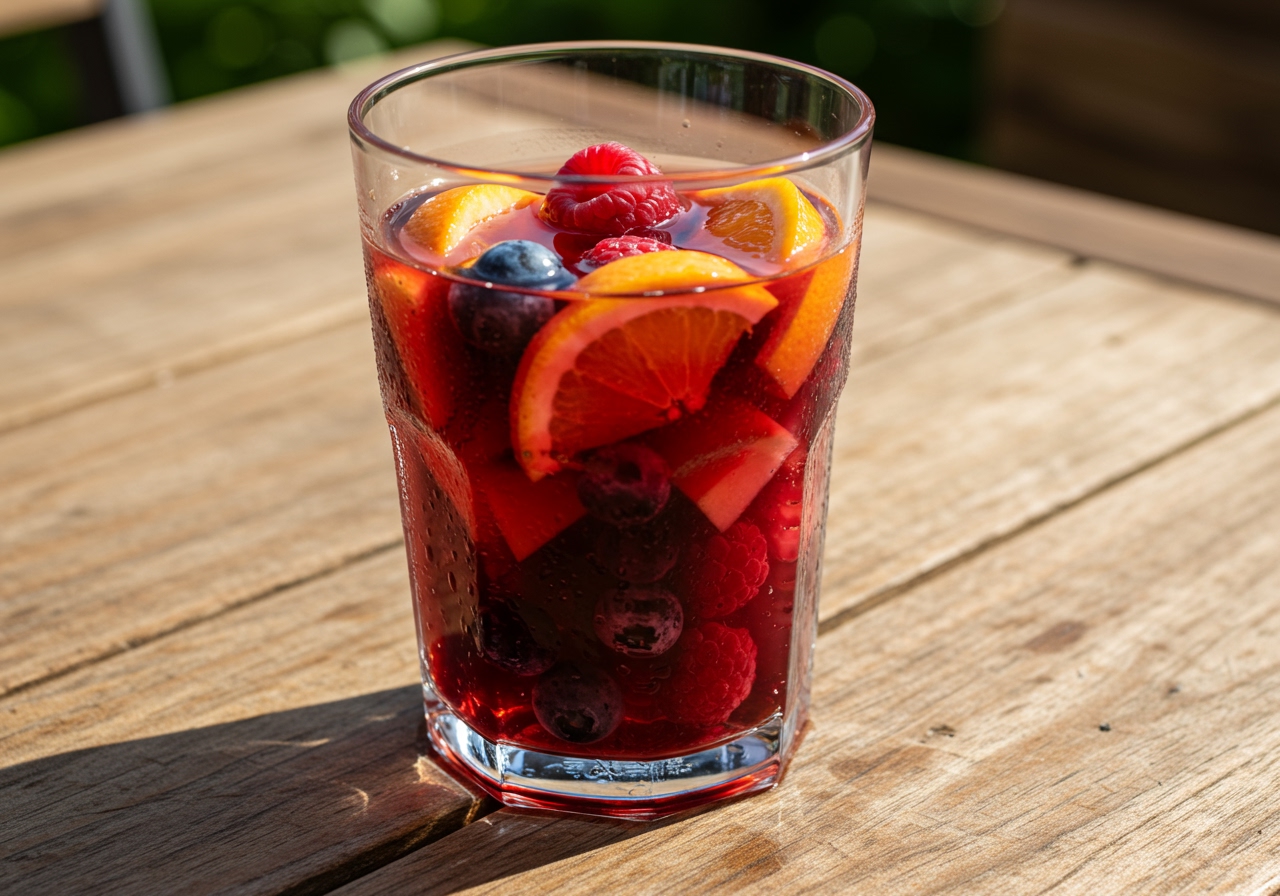 A vibrant glass of red sangria filled with mixed berries, orange slices, and apple pieces, with ice cubes, set on a wooden table outdoors in summer sunlight.