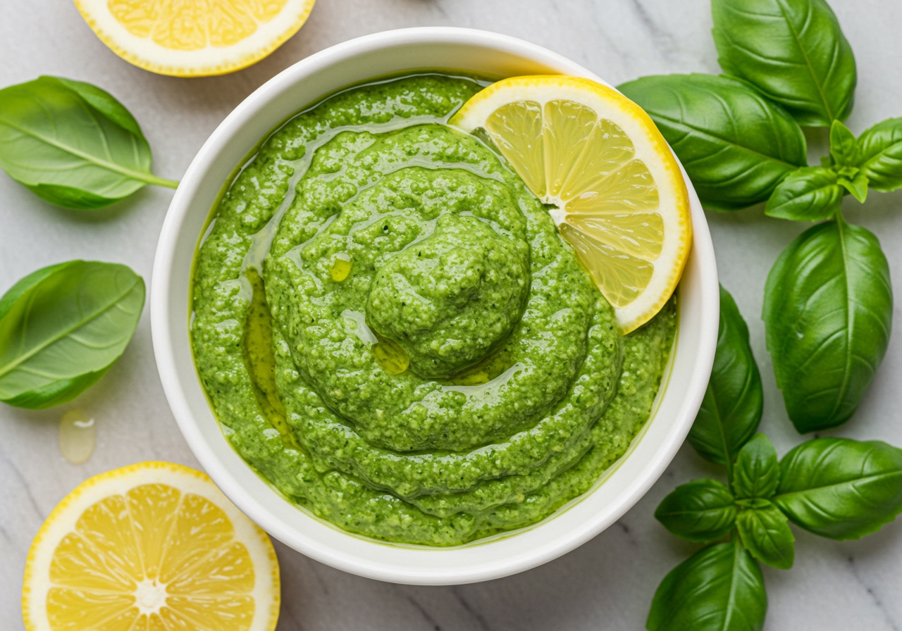 A vibrant green lemon pesto sauce in a bowl, with fresh basil leaves and lemon slices scattered around it.
