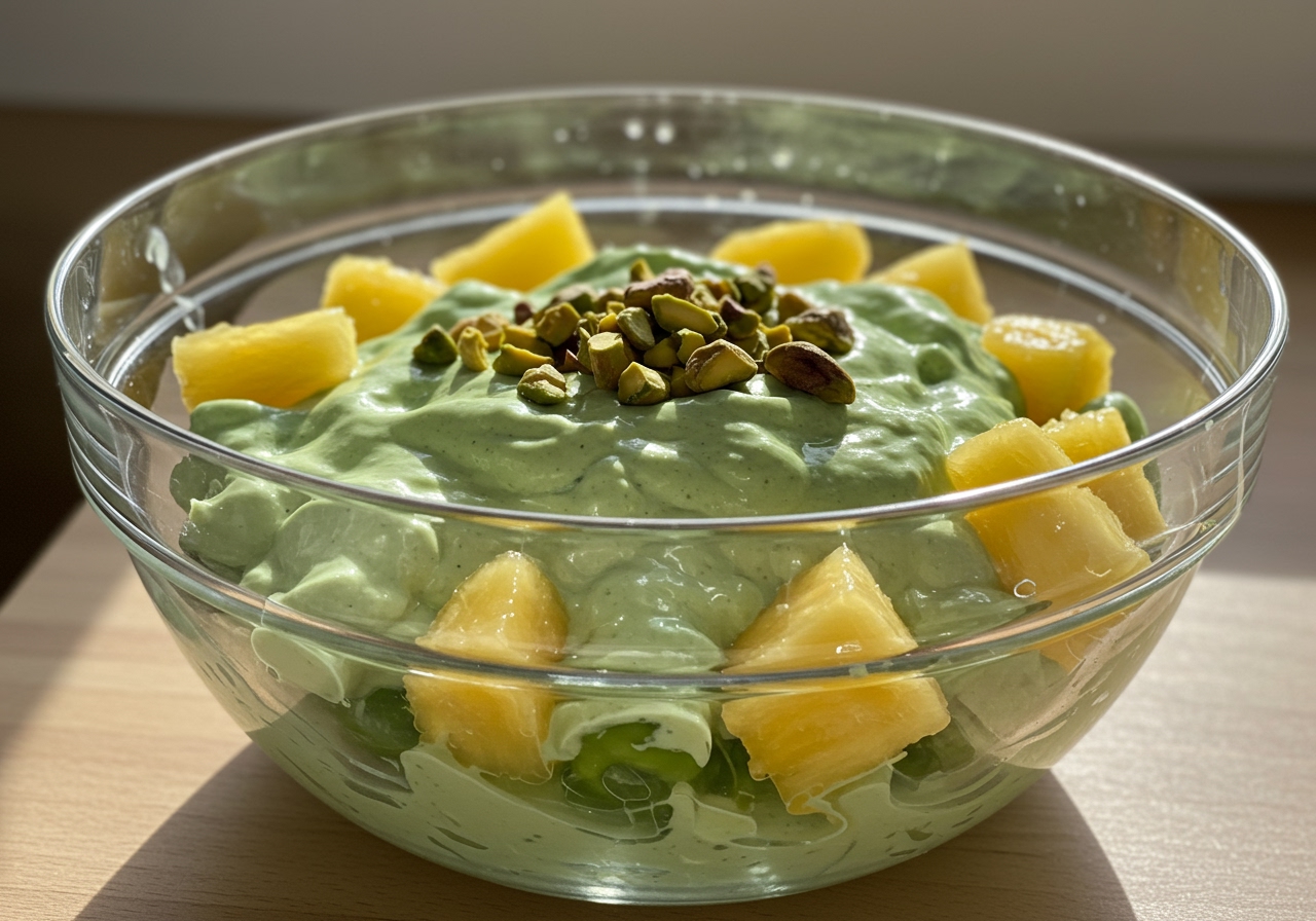 A vibrant green modern Watergate salad in a glass bowl, made with fresh ingredients like Greek yogurt, real pistachios, and fresh pineapple chunks. Sunlight hits the bowl.