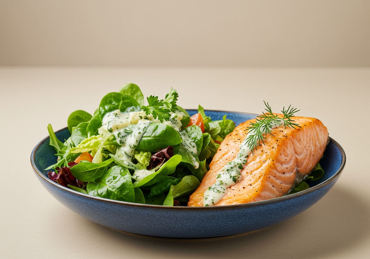 A vibrant green salad generously drizzled with creamy shallot and parsley vinaigrette, served in a stylish bowl alongside a perfectly grilled salmon fillet, garnished with fresh herbs.