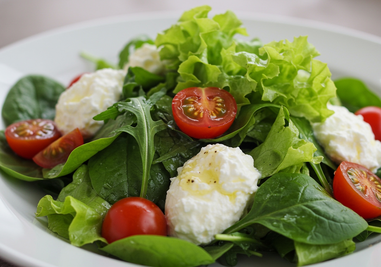 A vibrant green salad topped with dollops of white ricotta cheese, cherry tomatoes, and a light vinaigrette.