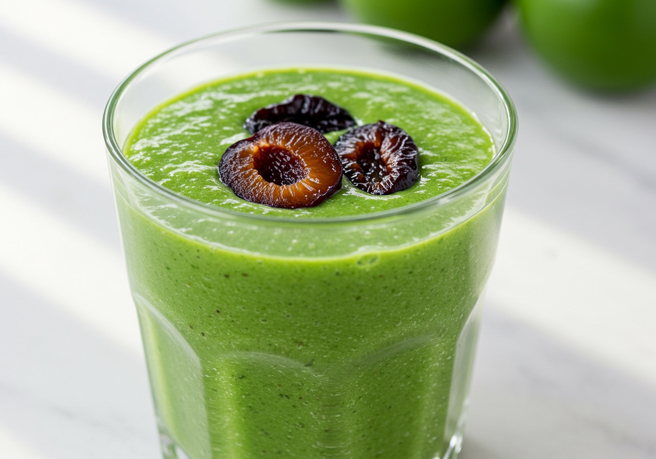 A vibrant green smoothie in a glass, featuring prunes or purple elements