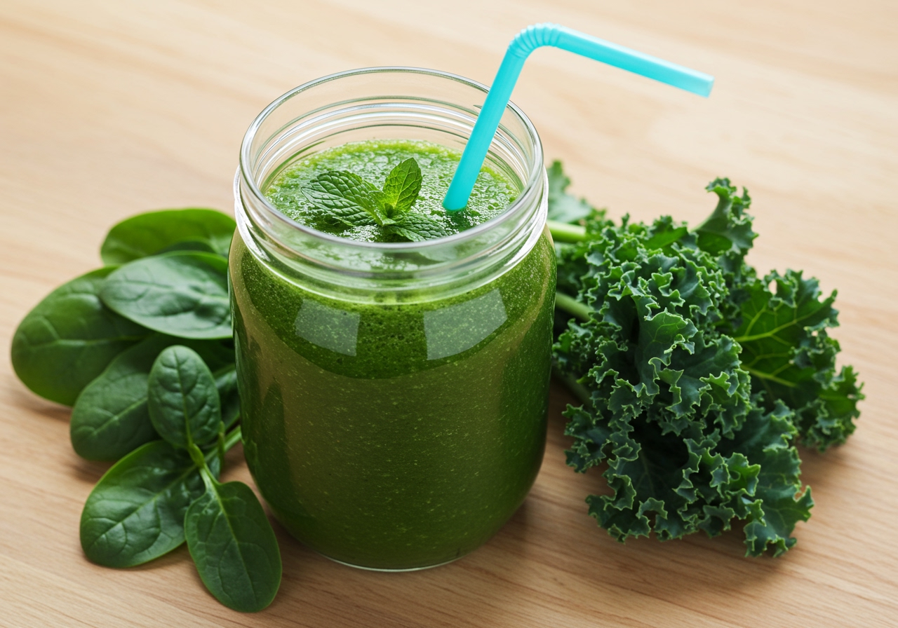 A vibrant green smoothie in a glass jar with a straw, garnished with fresh mint leaves and placed next to some spinach and kale.