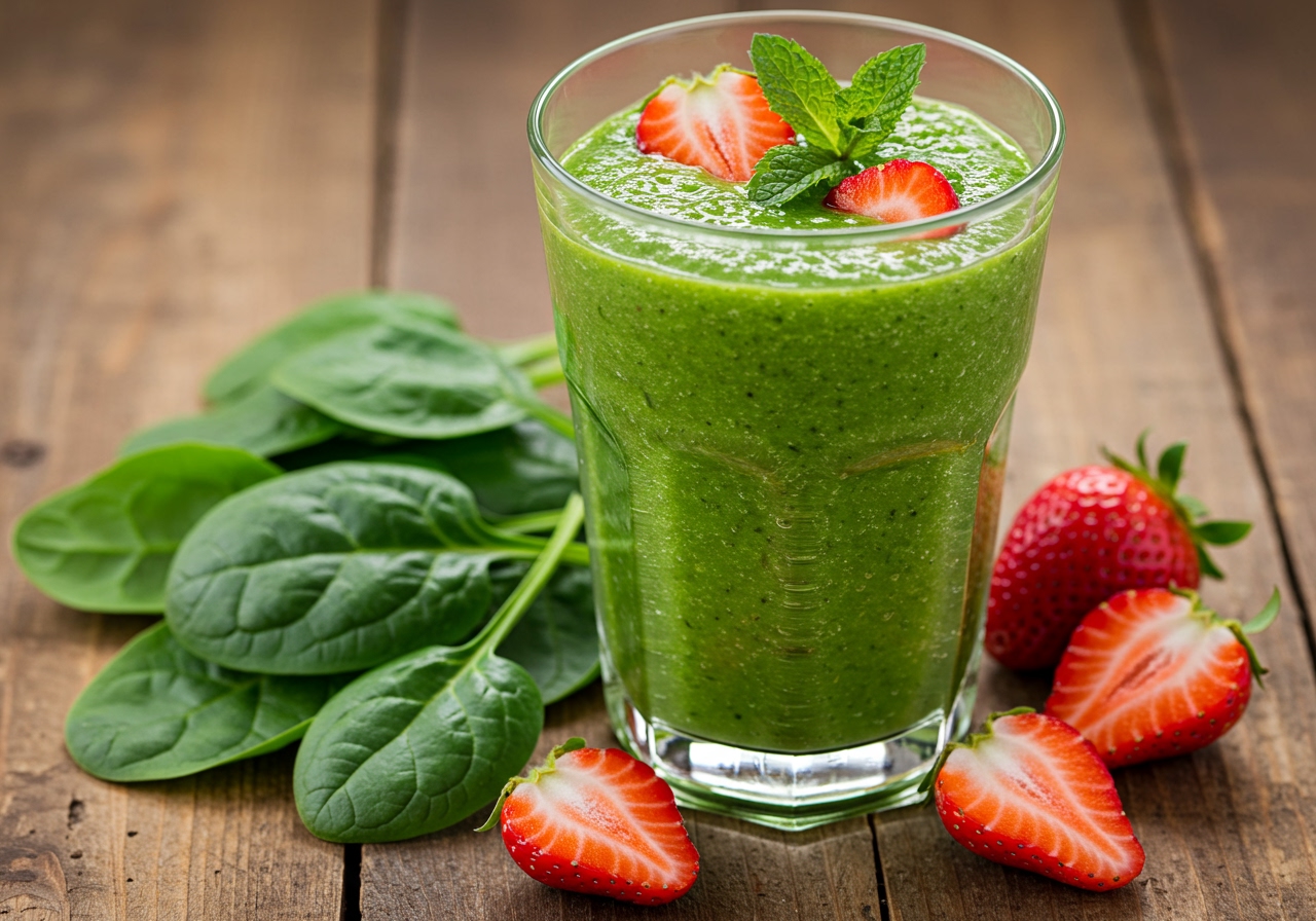 A vibrant green smoothie in a glass, with spinach and fruit visible nearby.