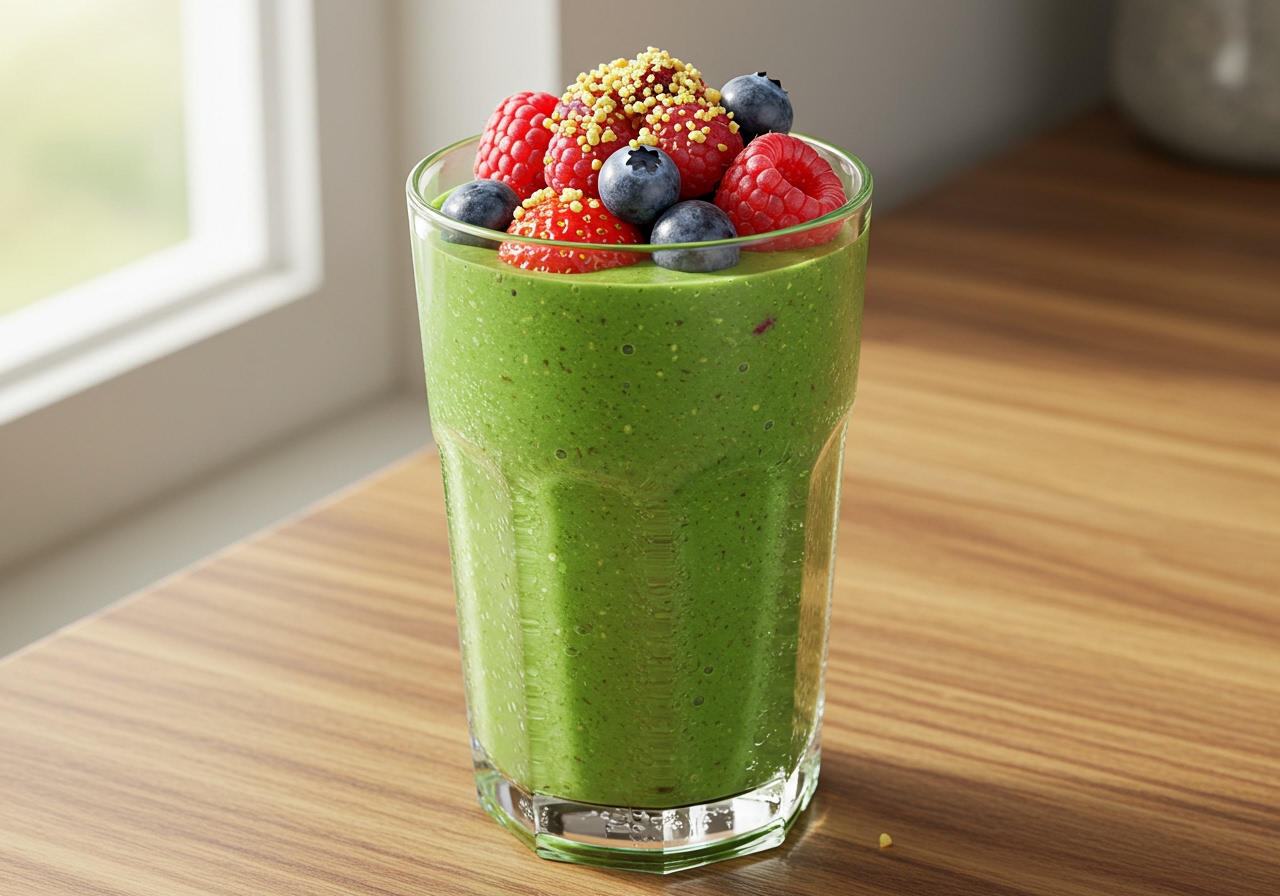 A vibrant green smoothie topped with berries and granola in a glass