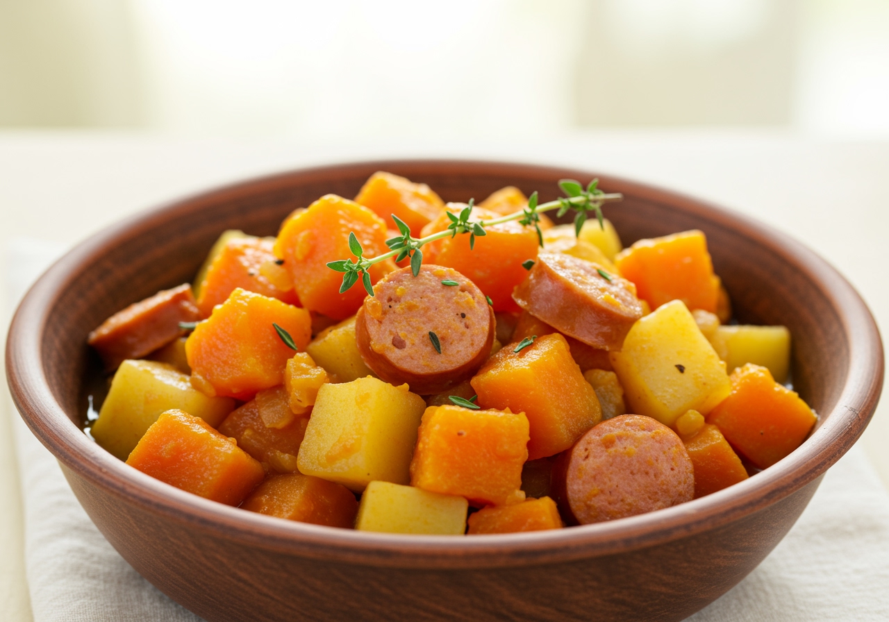 A vibrant, healthy bowl of pumpkin and sausage stew with visible chunks of vegetables and lean sausage, garnished with fresh thyme, against a bright, natural light background.