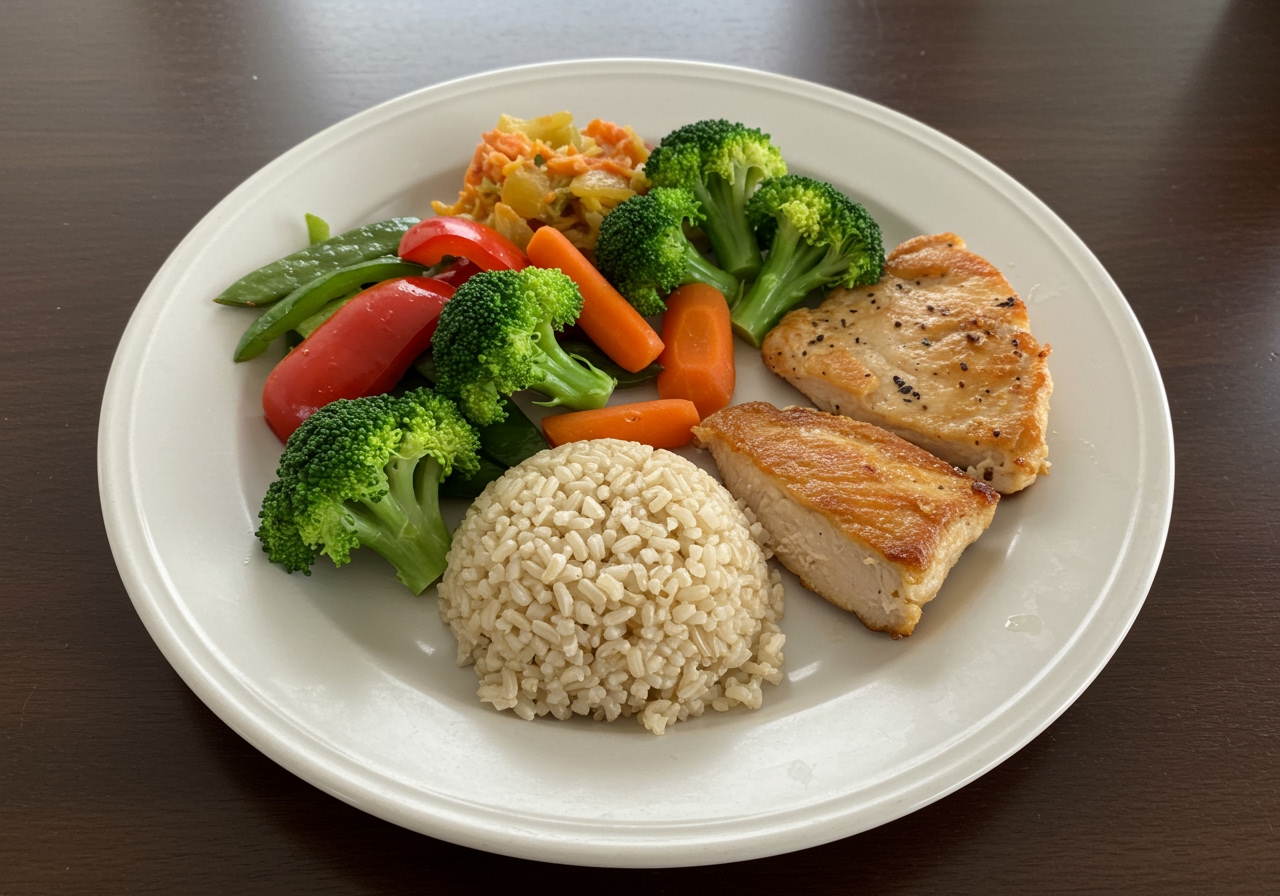A vibrant, healthy dinner plate with various colorful vegetables, grilled fish or chicken, and a small serving of brown rice, representing a balanced meal.
