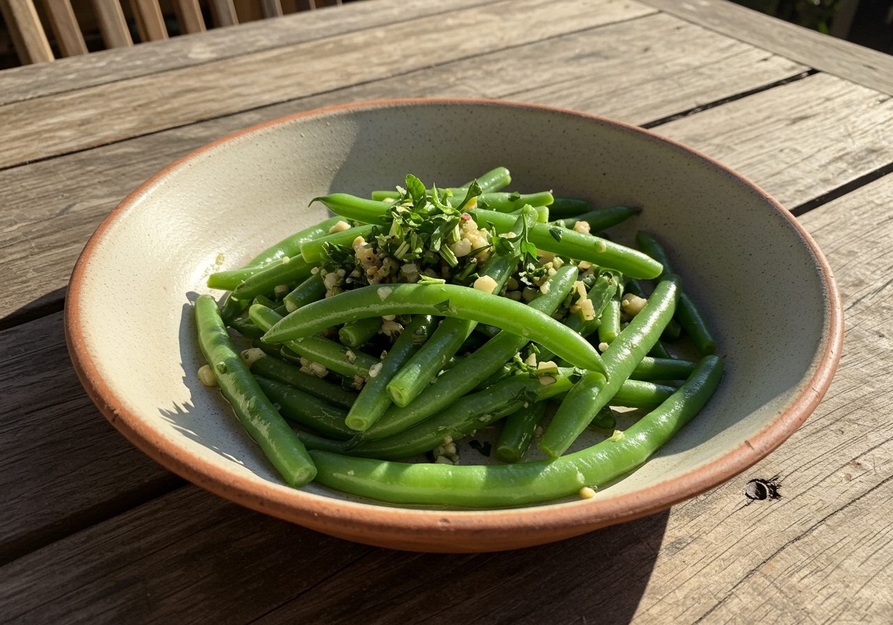 A vibrant, healthy French green bean stuffing with herbs, glistening with a light dressing, served in a rustic ceramic dish. Sunlight streams onto the dish on a wooden table.