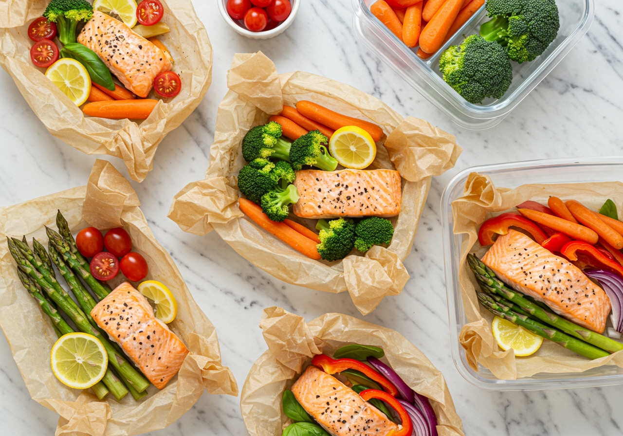 A vibrant, healthy meal prep spread featuring multiple parchment paper baked salmon packets with different vegetable combinations, ready for storage.