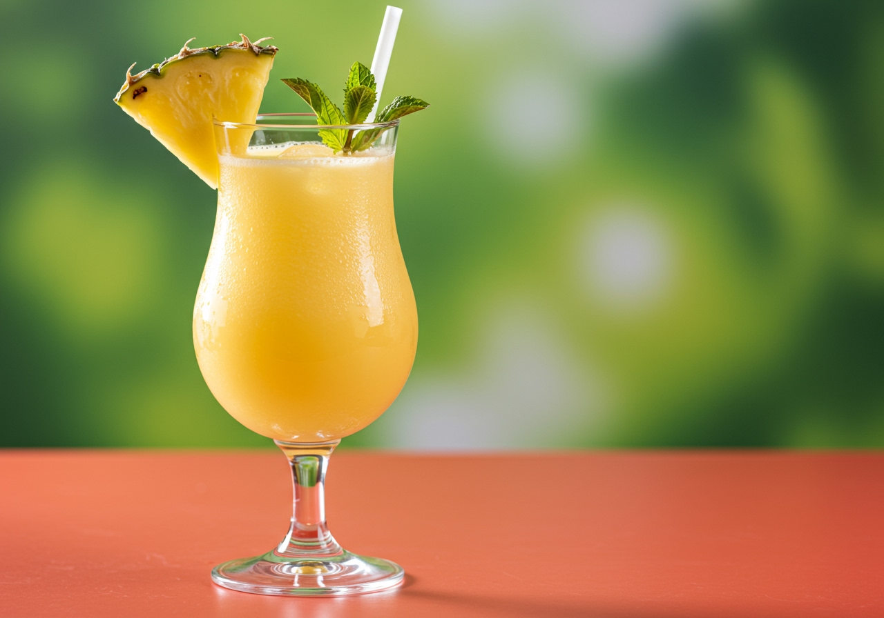 A vibrant, healthy piña colada in a fancy glass, garnished with fresh pineapple wedge and a small sprig of mint, set on a bright tropical background with a subtle blur.