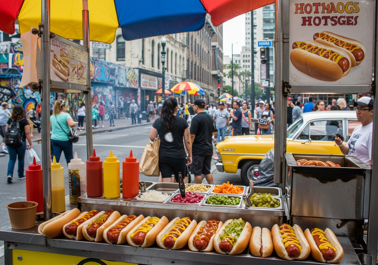A vibrant hot dog stand with various toppings like ketchup, mustard, relish, and onions, in a lively urban setting.