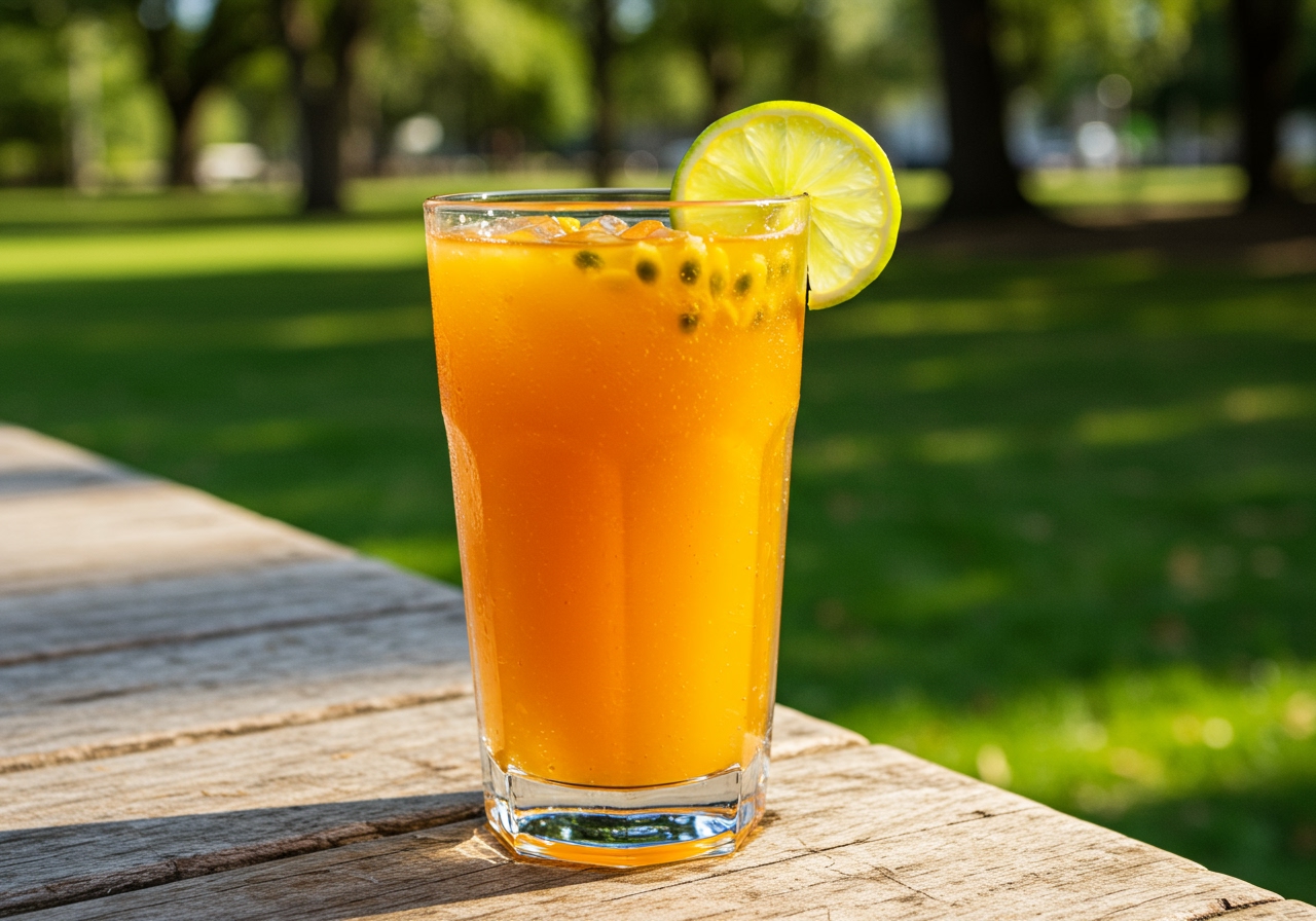 A vibrant, icy Passion Fruit Pitbull drink with a bold orange and yellow hue, garnished with a lime wedge, placed on a picnic table in a sunny park.