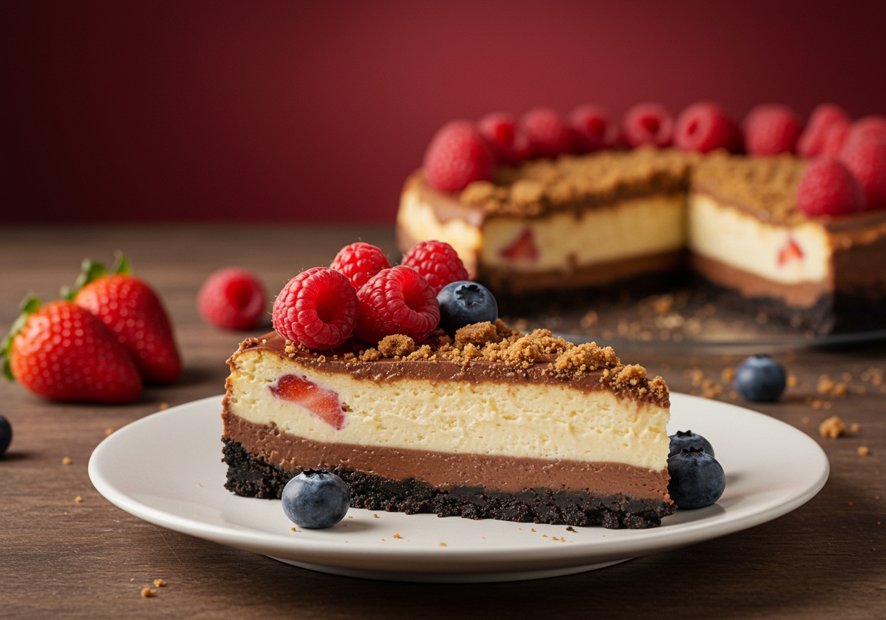 A vibrant image of a healthy Nanaimo bar cheesecake slice on a plate, garnished with fresh berries, against a subtle Canadian flag background.