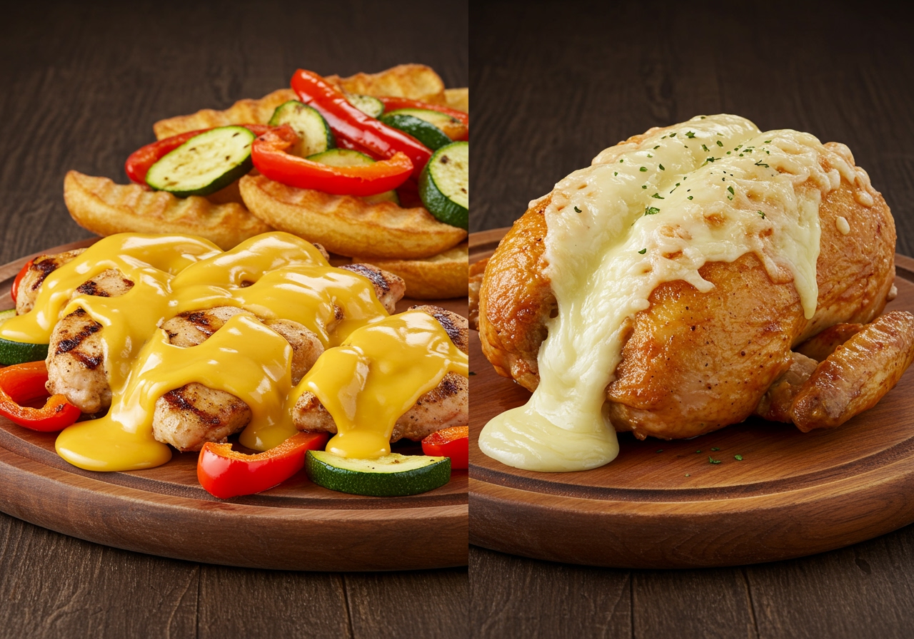 A vibrant image of cheese chicken variations, perhaps one with vegetables and another with a different type of cheese.