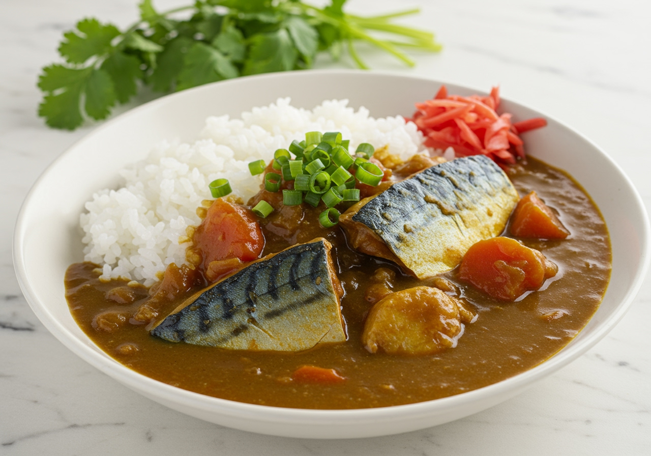 A vibrant image showing a delicious bowl of Japanese-style mackerel curry served over fluffy white rice, garnished with finely chopped green onions or pickled ginger.