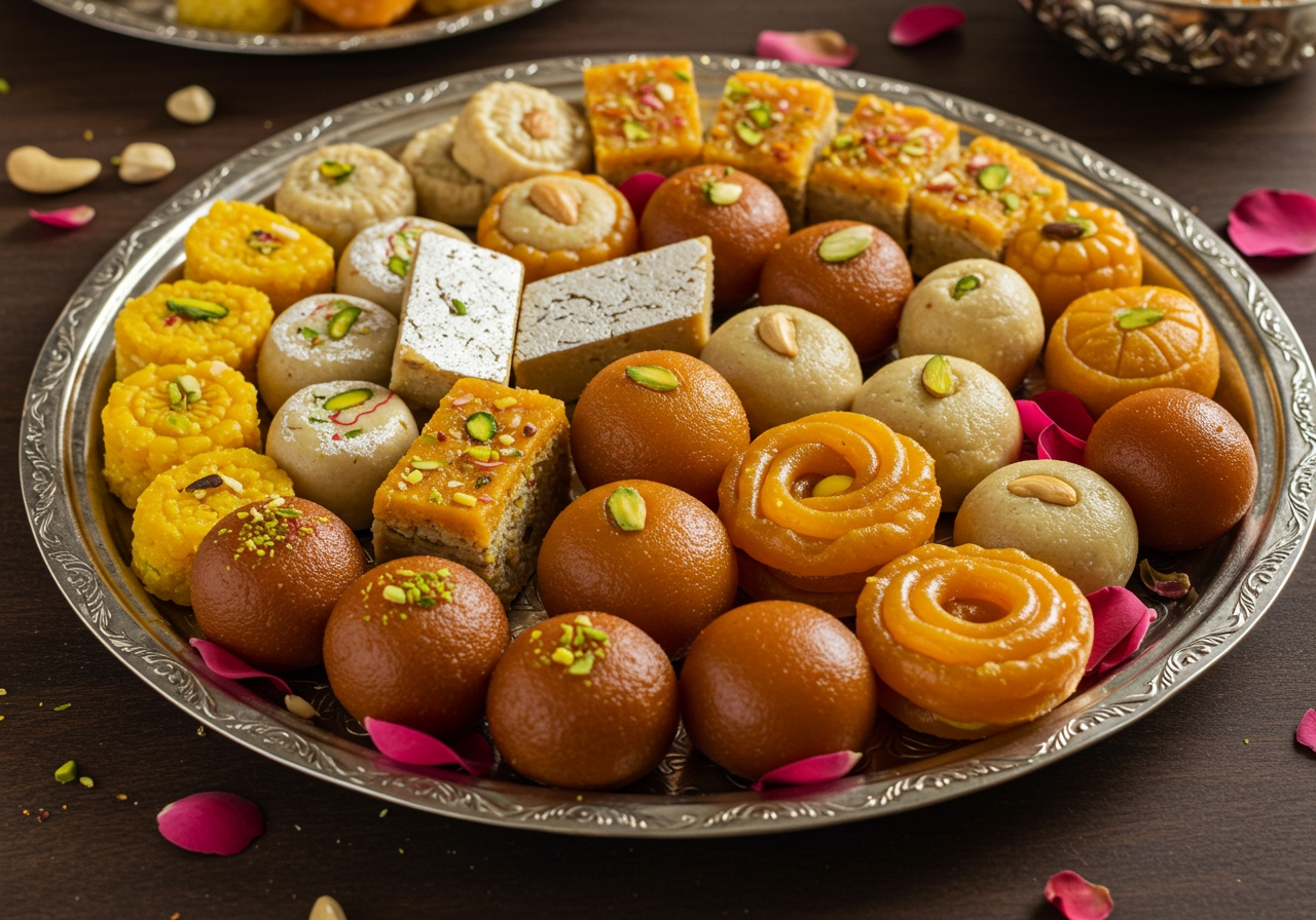 A vibrant image showing a variety of colorful Indian festival sweets (mithai) arranged attractively on a platter.