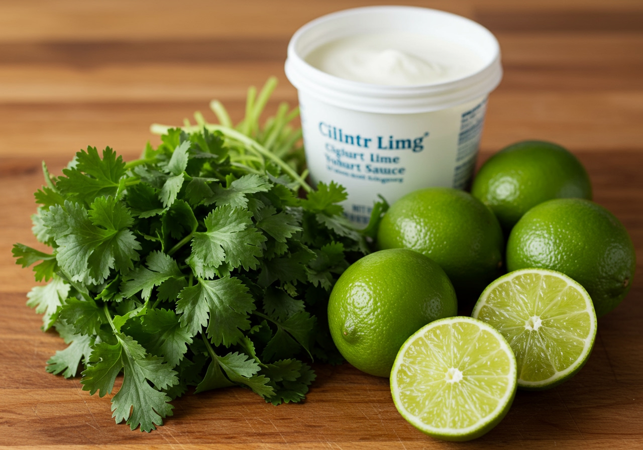 A vibrant image showing the key ingredients for cilantro lime yogurt sauce: fresh cilantro bunch, bright green limes, and a tub of plain yogurt.