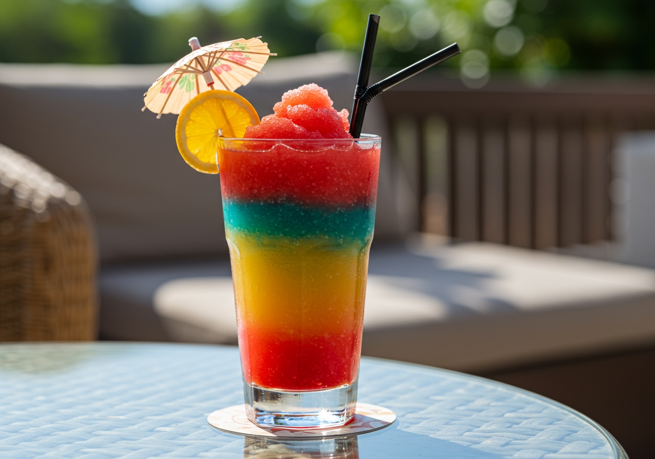 A vibrant, layered frozen cocktail with distinct colors like red, yellow, and blue, garnished with fruit and a small umbrella, placed on a stylish table with a blurred background of a sunny outdoor setting. Sunlight is highlighting the drink's icy texture.
