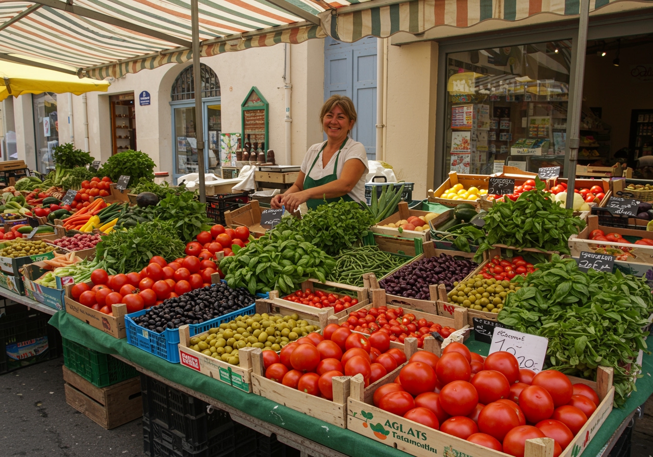A vibrant market stall in Provence, overflowing with fresh tomatoes, herbs, olives, and other colorful vegetables.