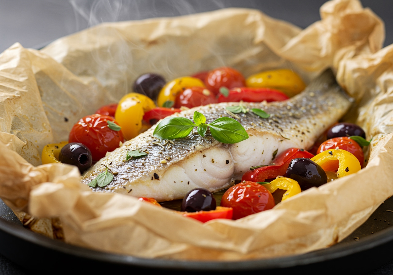 A vibrant Mediterranean fish dish cooked in parchment paper (en papillote), revealing flaky white fish, colorful bell peppers, cherry tomatoes, olives, and fresh herbs, steam gently rising.
